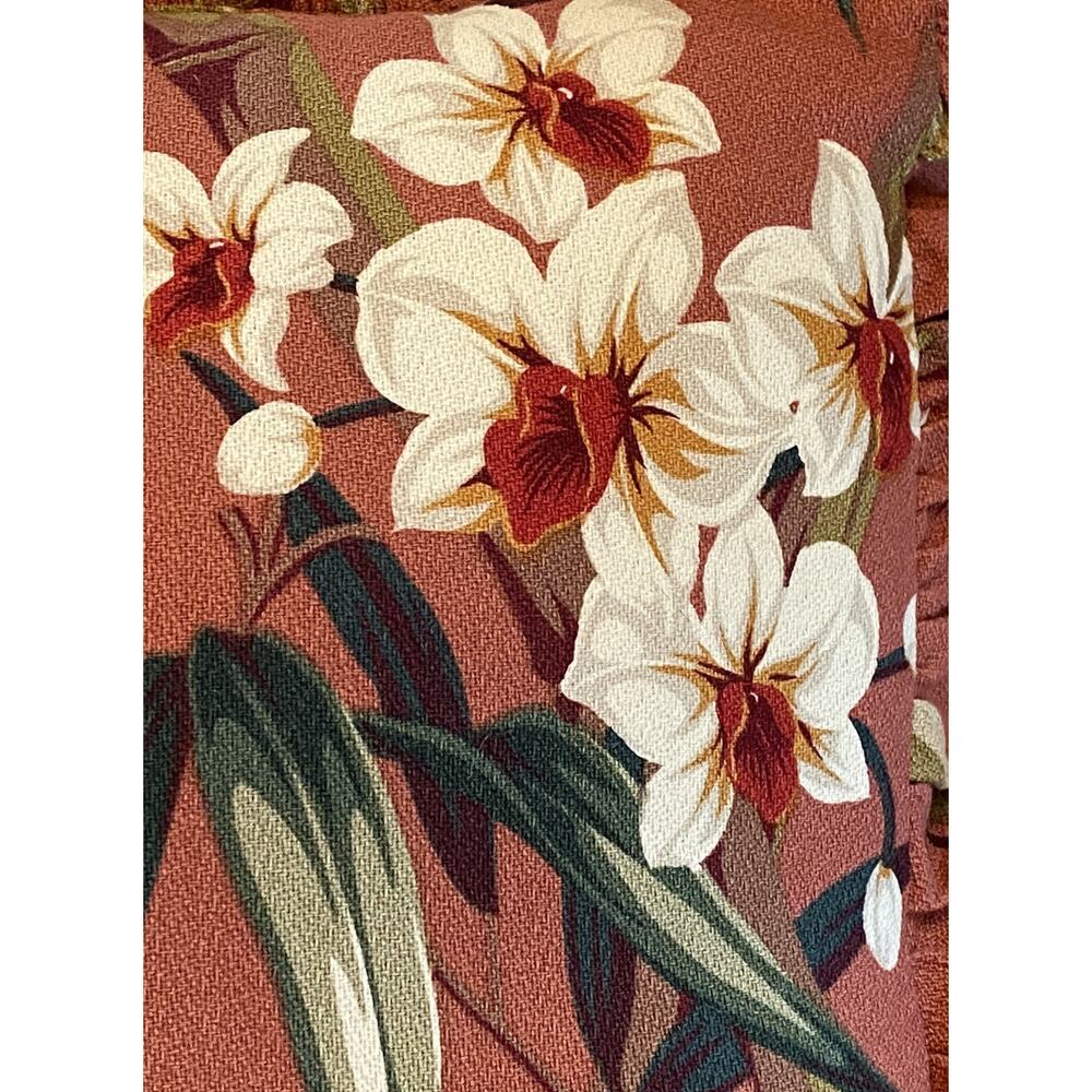 MCM Barkcloth Throw Pillow Decor Tropical White Orchid Design Billowy Fringe - Picture 4 of 8